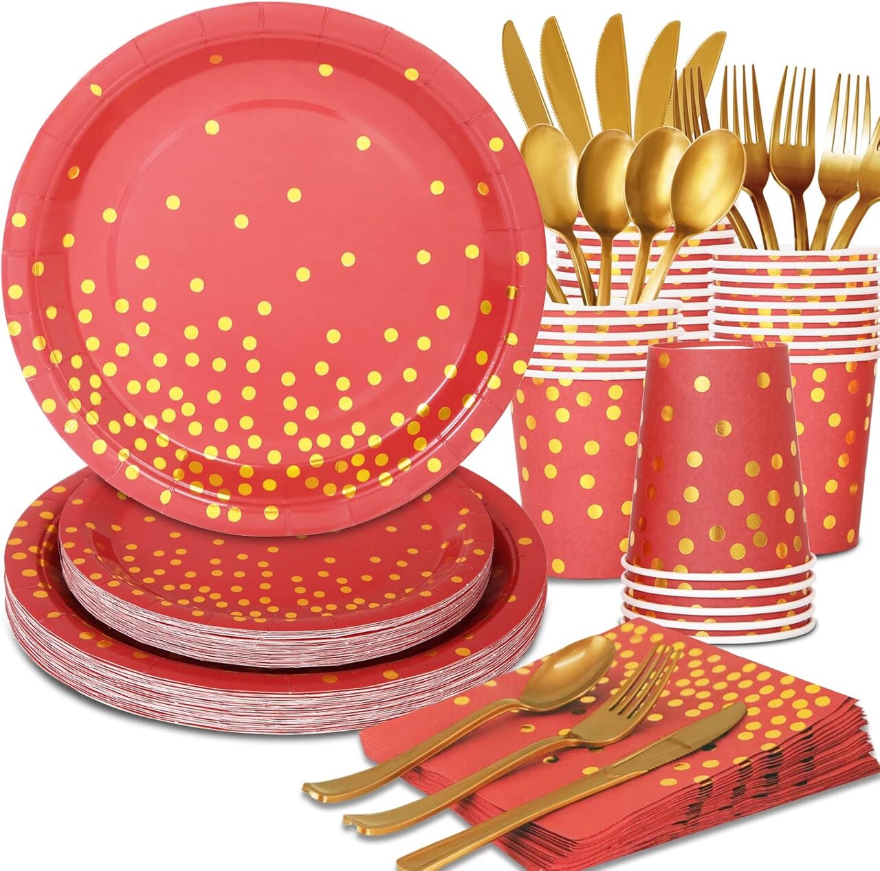168Pcs Red and Gold Party Tableware Decorations, Red Plates and Napkins Serve 24, Red Paper Plates, Red and Gold Plates for Birthday Valentines Plates, Mardi Gras Plates, Red Graduation Plates